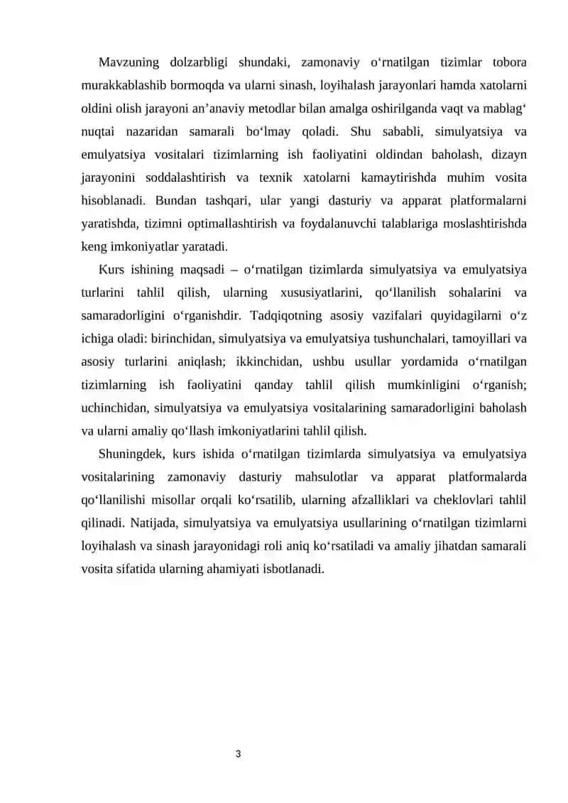 O‘RNATILGAN TIZIMLARDA SIMMULATSIYA VA EMMULATSIYA TURLARI KURS ISHI 3