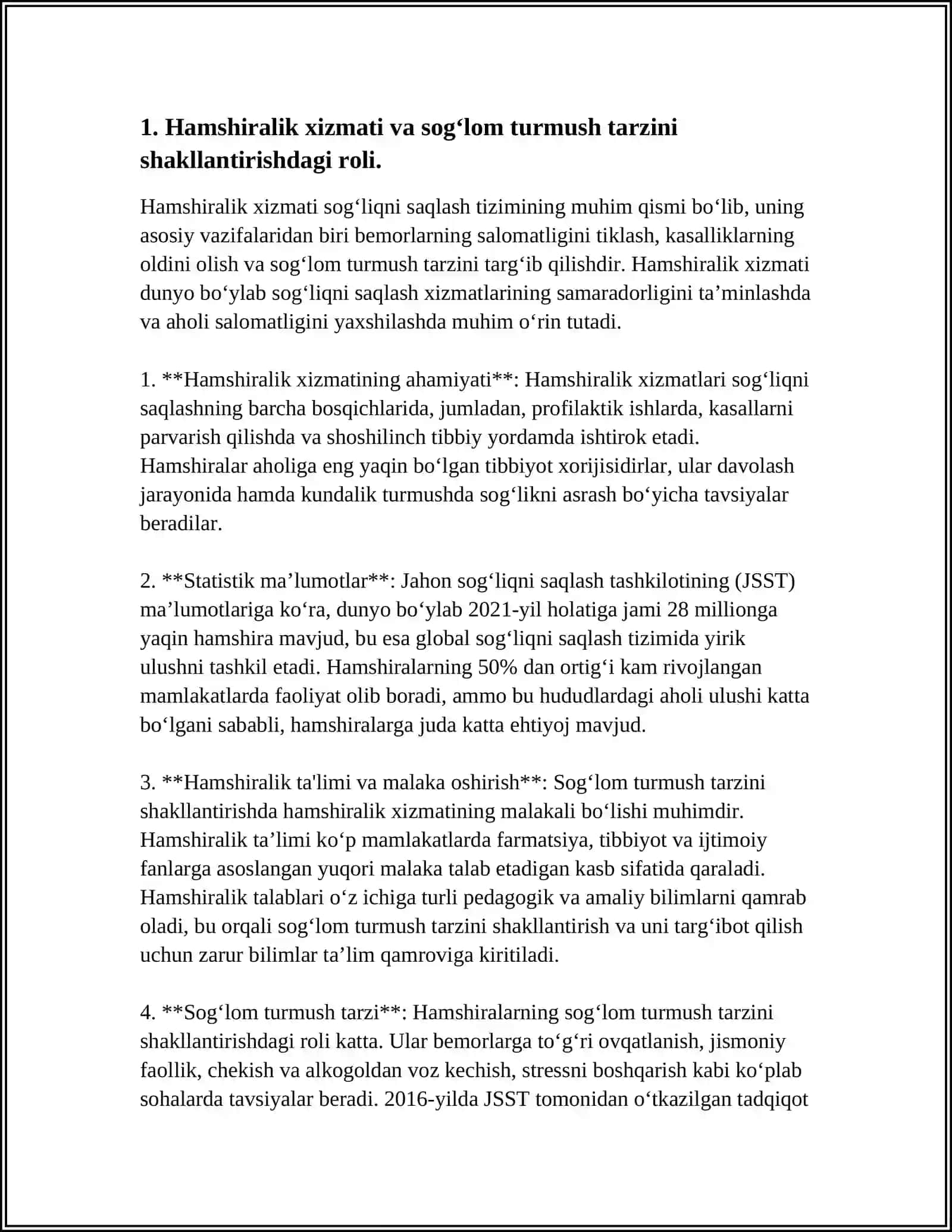 TIBBIYOT TEXNIKUMI MUSTAQIL ISH: AHOLI ORASIDA SOGʻLOM TURMUSH TARZINI SHAKLLANTIRISHDA HAMSHIRANING OʻRNI 3