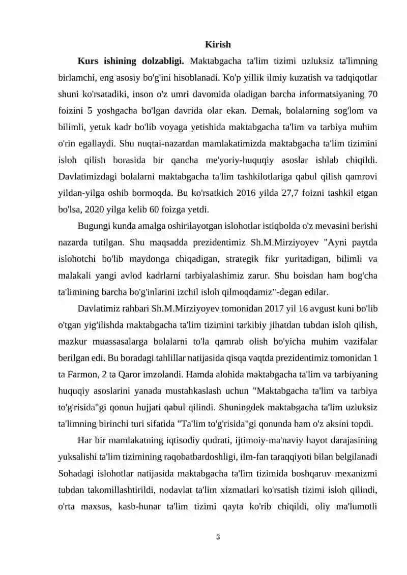 MAKTABGACHA TA`LIMDA ZAMONAVIY YONDASHUVDA JAHON TAJRIBALARINI QO`LLASH KURS ISHI 3