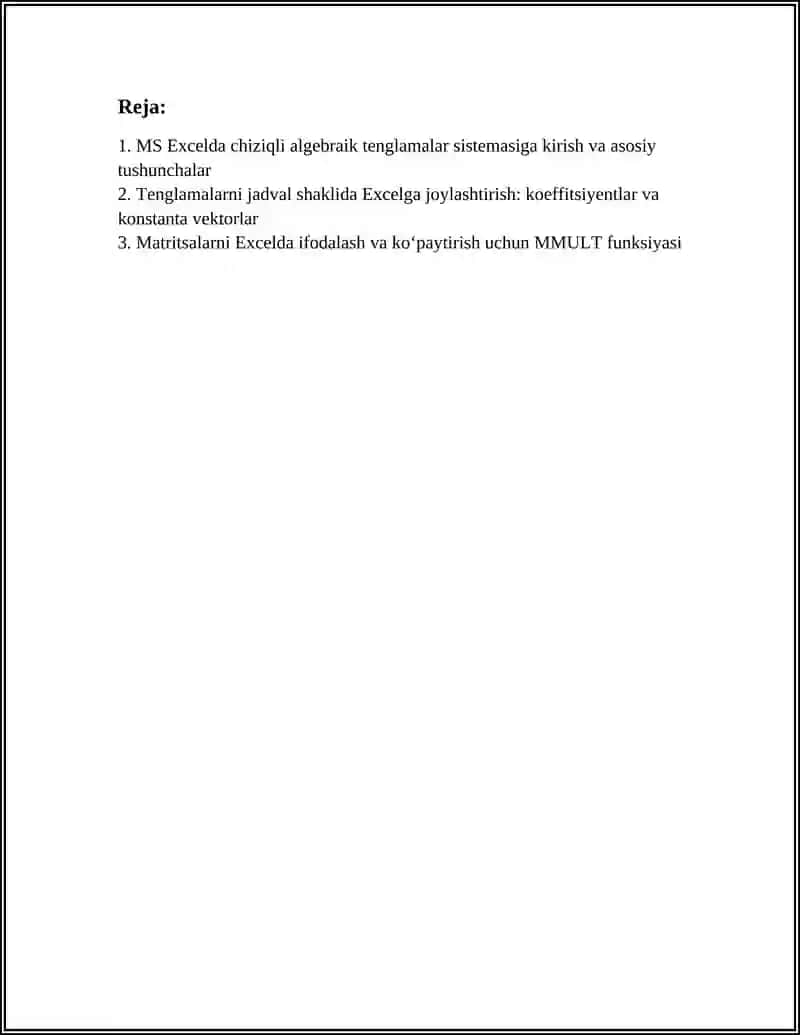 MS EXCEL DASTURI ELEKTRON JADVALIDA CHIZIQLI ALGEBRAIK TENGLAMALAR SISTEMASINI YECHISH 3