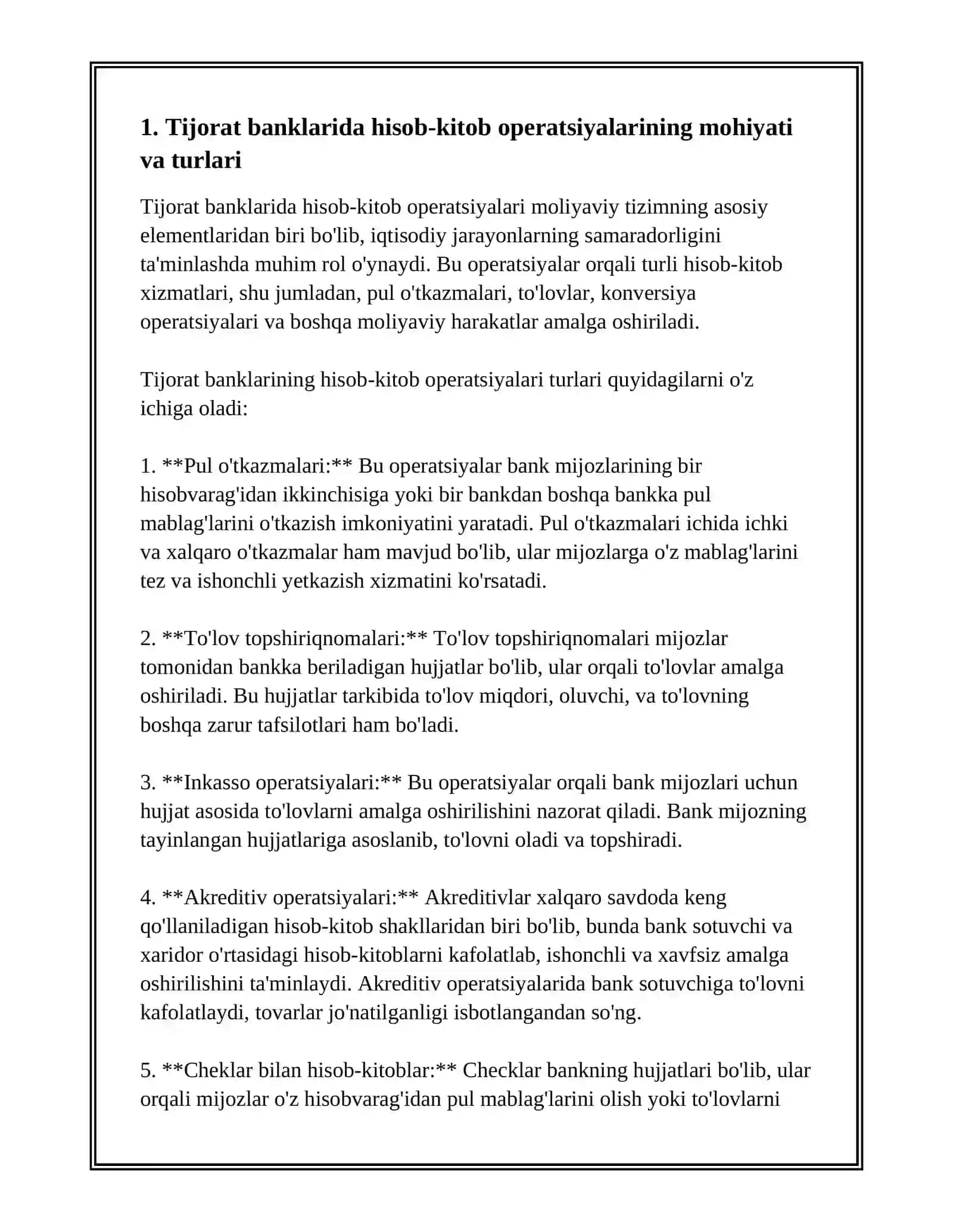 TIJORAT BANKLARIDA HISOB-KITOB OPERATSIYALARINI TASHKIL ETISH VA ULARNING HISOBI 3
