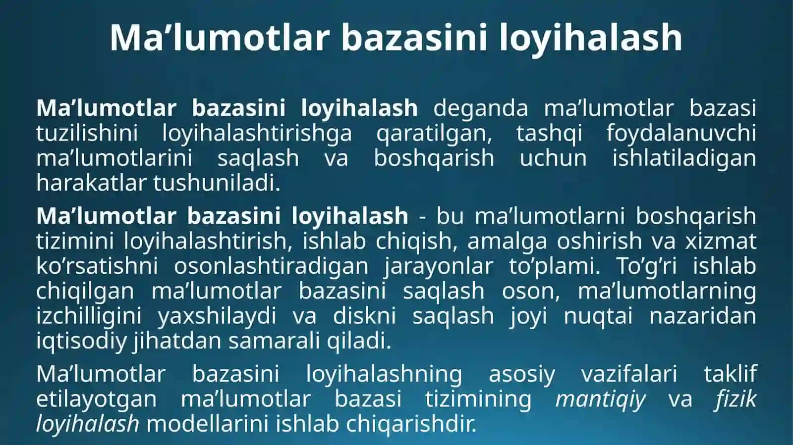 Ma’lumotlar bazasini rejallashtirish, loyihalash va administratorlash 3