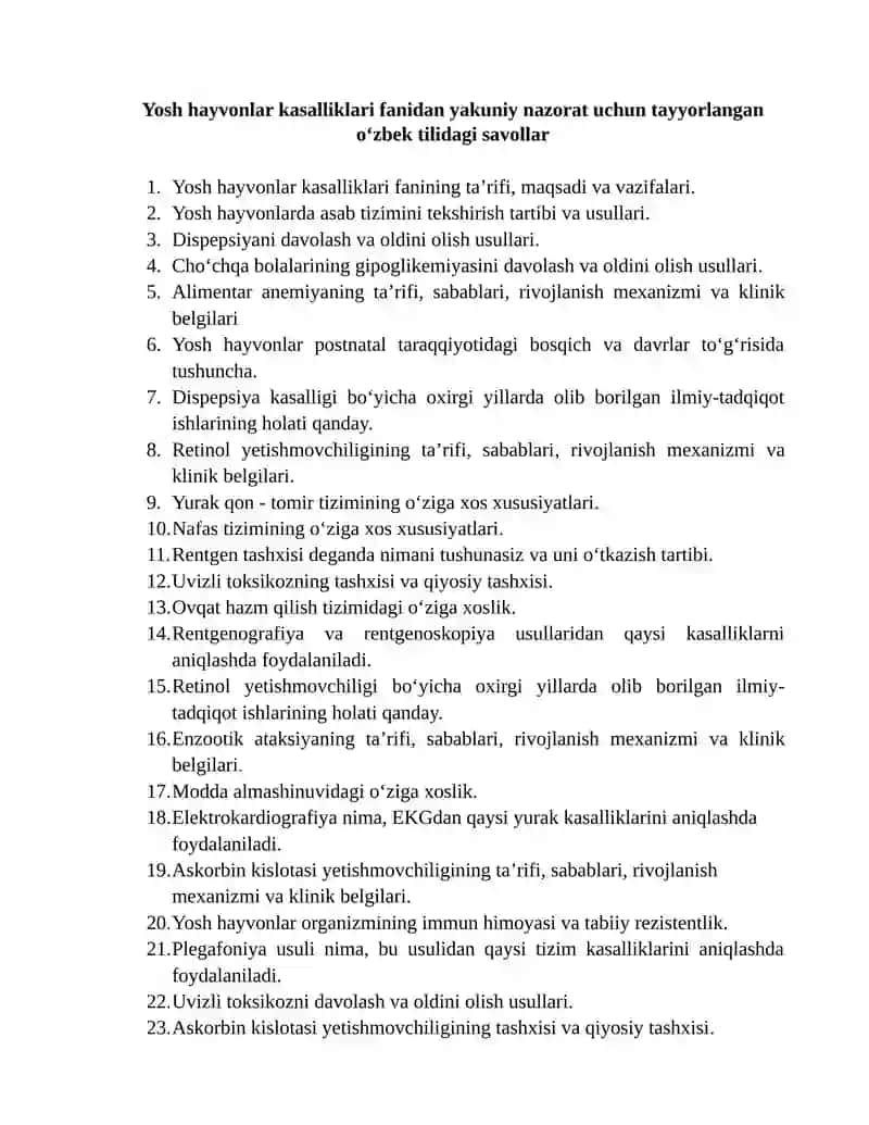 Yosh hayvonlar kasalliklari fanidan savollar to‘plami 3