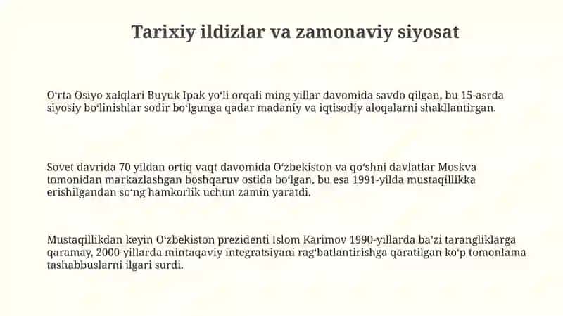 O'zbekistonning markaziy osiyo davlatlari bilan hamkorligi 3