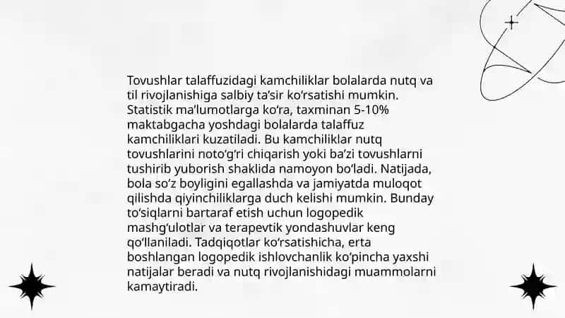 Tovushlar talffuzida kamchiligi bo'lgan bolalarning psixologik xususiyatlari.(bilish jarayonlari,xissiy-idoraviy soxasi,shaxslararo munosabati,faoliyati),ularni tekshirish va korreksiyalash. 3