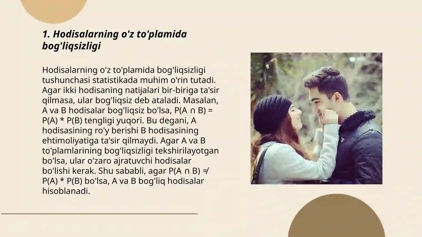 Hodisalarning o'z to'plamida bog'liqsizligi va juft - juft bilan bog'liqsizligi orasidagi munosabat. Bernshteyn misoli 3