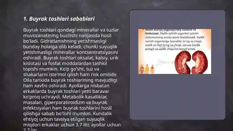 Buyraklarda urat toshlarini hosil bo'lishi va davolash usullari 3