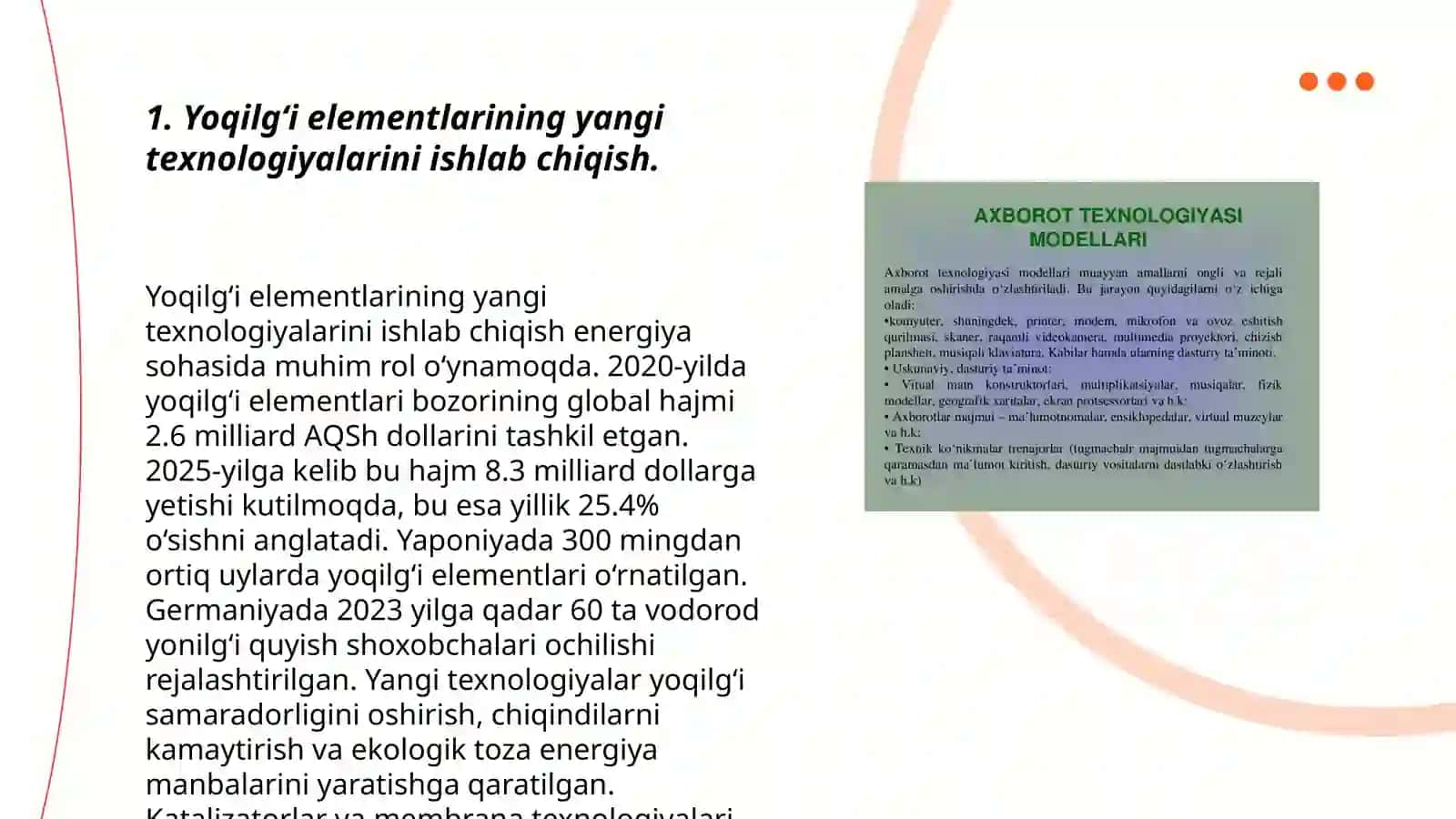 Yoqilg’i elementlardan foydalanish va energiya uzatishning yangi usullarini yaratish 3