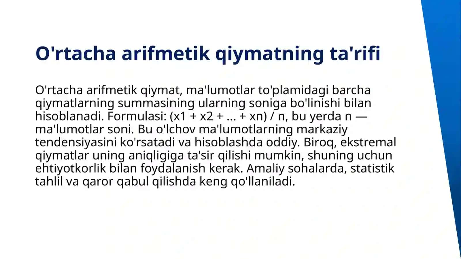 O'rtacha arifmetik qiymat va uning xossalari,standart og'ish, uning ahamiyati 3
