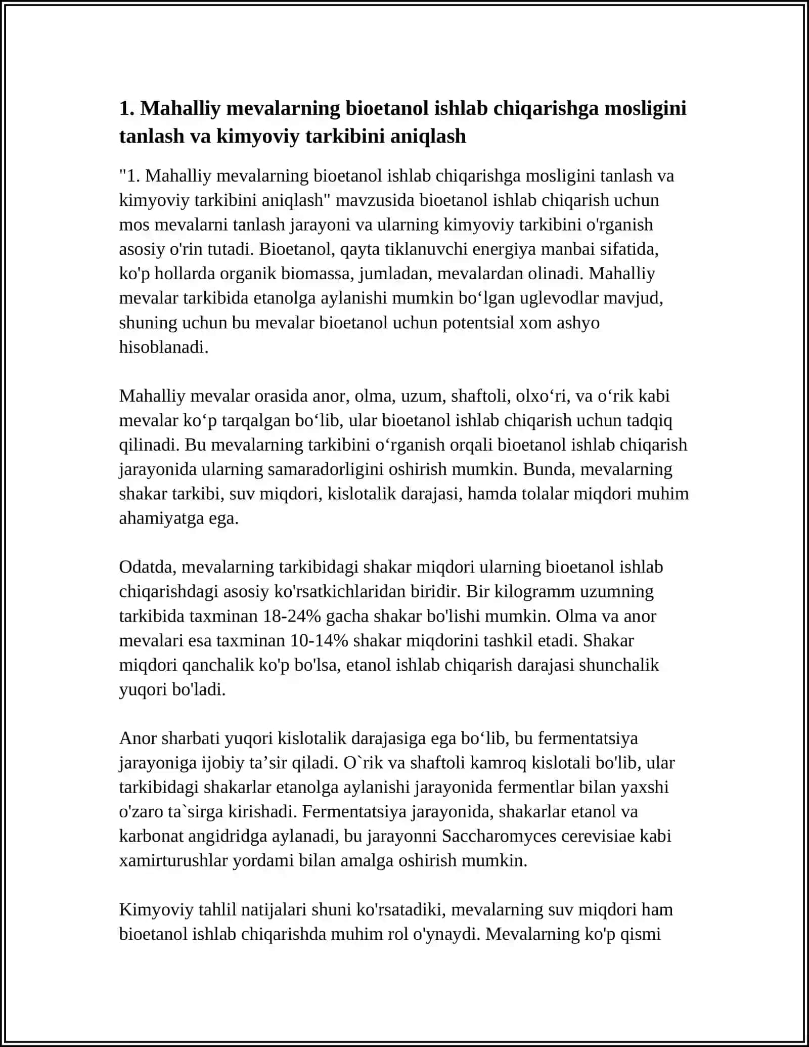 MAHALLIY MEVALARDAN BIOETANOL ISHLAB CHIQARISH TAJRIBASI 3
