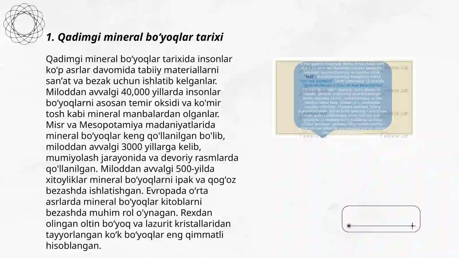 Qadimgi mineral va oʻsimlik boʻyoqlari.Boʻyoqlar sintezining shaklanishi.Qadimgi kosmetika va xushboʻy moddalar 3