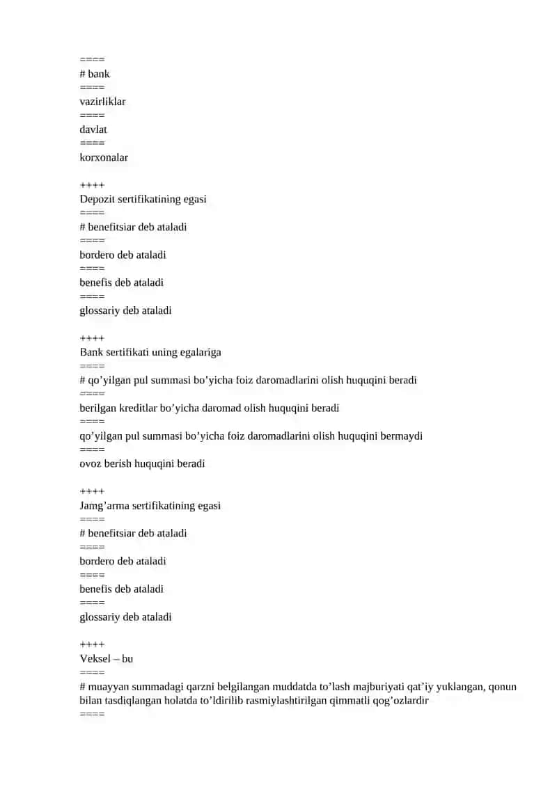 MOLIYA BOZORI VA MOLIYAVIY TEXNOLOGIYALAR fanidan yakuniy nazorat uchun test savollari 3