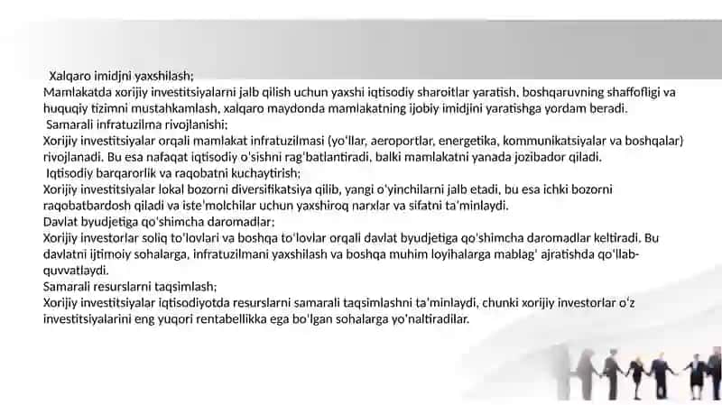 Iqtisodiyotning rivojlanishiga xorijiy investitsiyalarning ahamiyatini oshirish 3