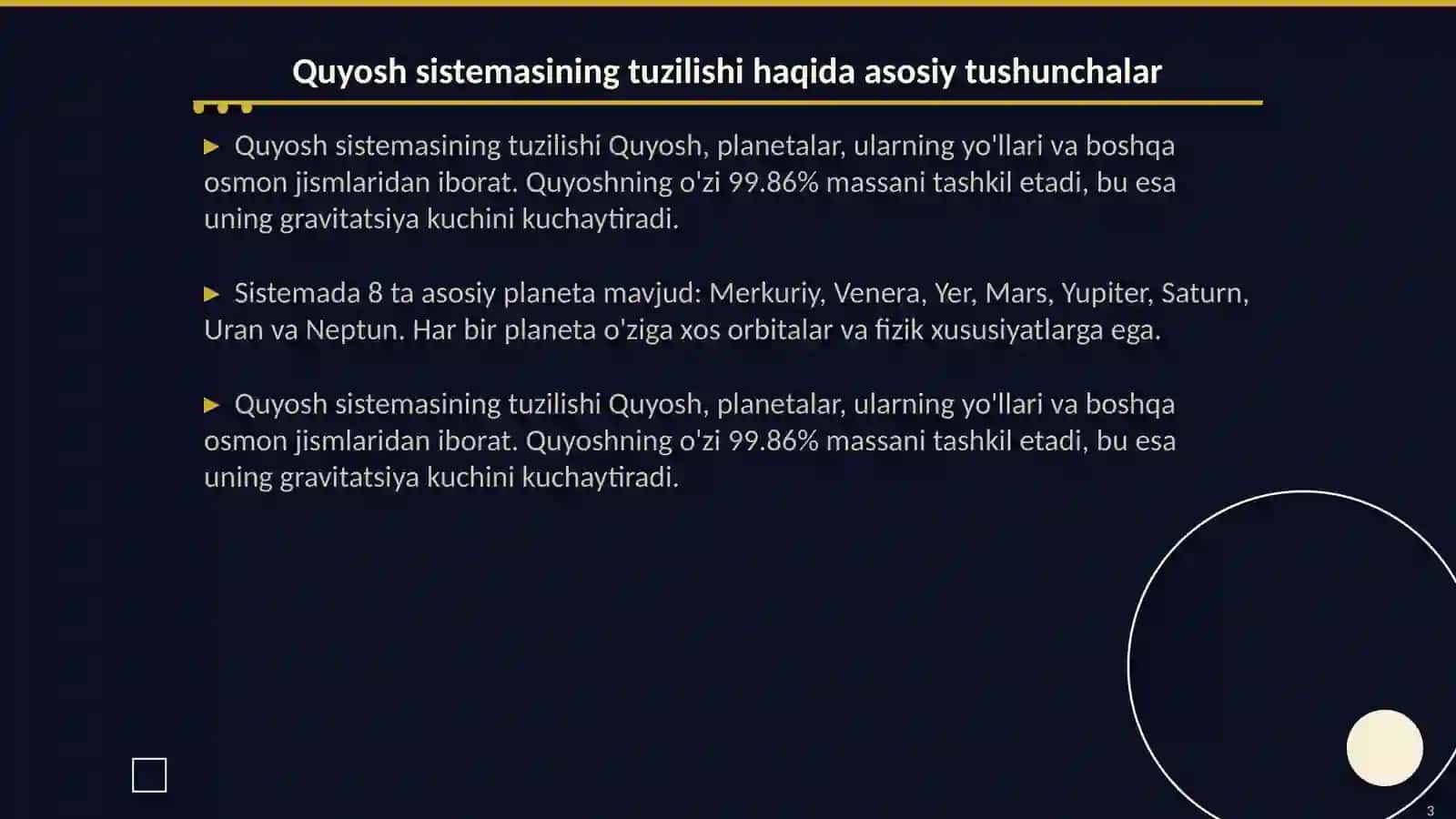 Quyosh sistemasining tuzilishi va osmon jismlarining harakati Bobini oʻqitish metodikasi 3