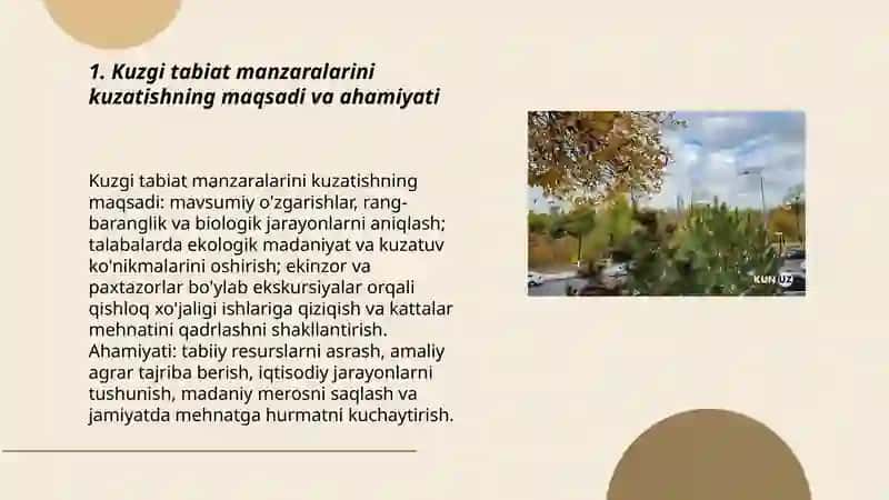 Kuzgi tabiat manzaralarini kuzatish ekinzor va paxtazorlarga ekskursiya tashkil etish kattalar mehnati bilan tanishtirish 3