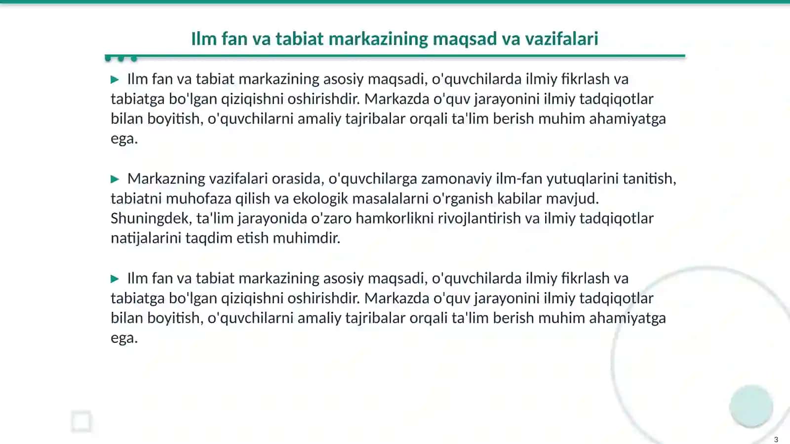 Ilm fan va tabiat markazida ta'limiy faoliyatini tashkil qilish metodikasi 3