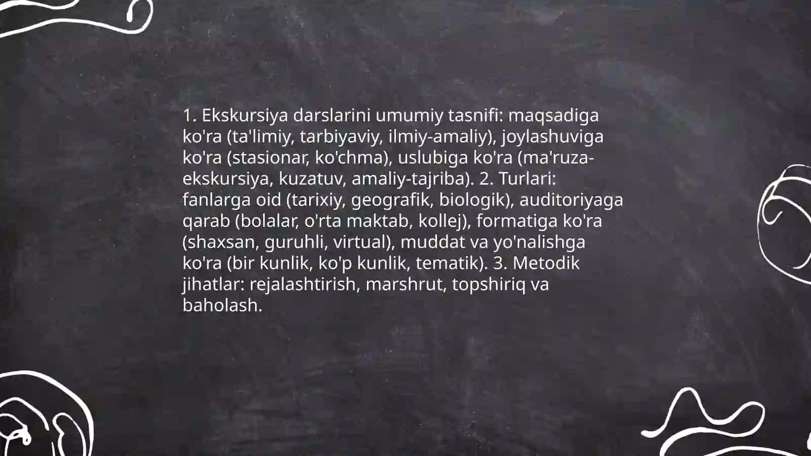Ekskursiyasi darslarini turlarga ajratish va ularni metodik tahlili qilish Rayhona 3