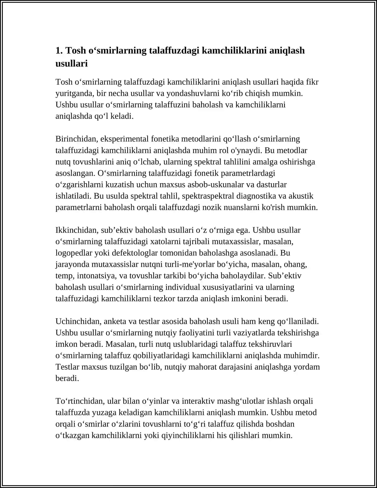TOVUSHLAR TALAFFUZIDA KAMCHILIGI BÕLGAN BOLALARNING PSIXOLOGIK XUSUSIYATLARI (BILISH JARAYONLARI, XISSIY IRODAVIY SOXASI, SHAXSLAR ARO MUNOSABAT, FAOLIYATI) ULARNI TEKSHIRISH VA KORREKSIYALASH 3