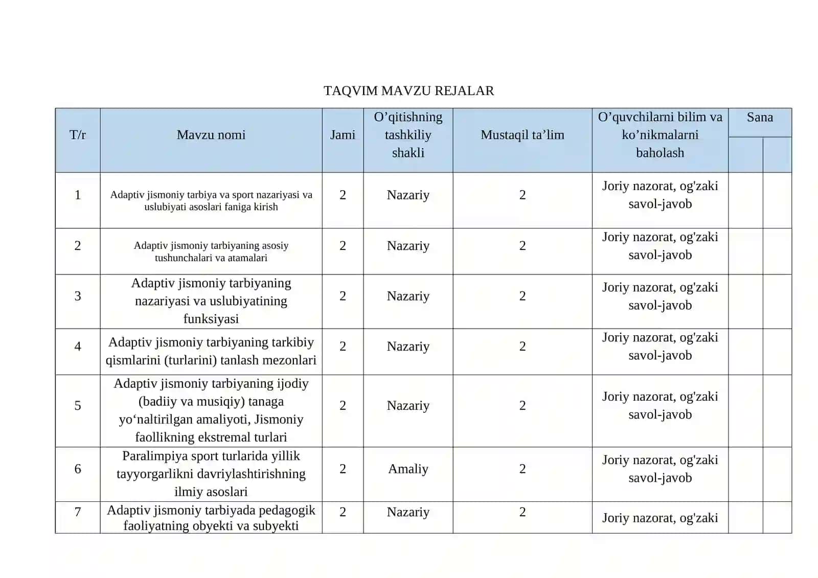 Adaptiv jismoniy tarbiya nazariyasi va uslubiyati asoslari fanidan O’QITISH MATERIALLARI 3