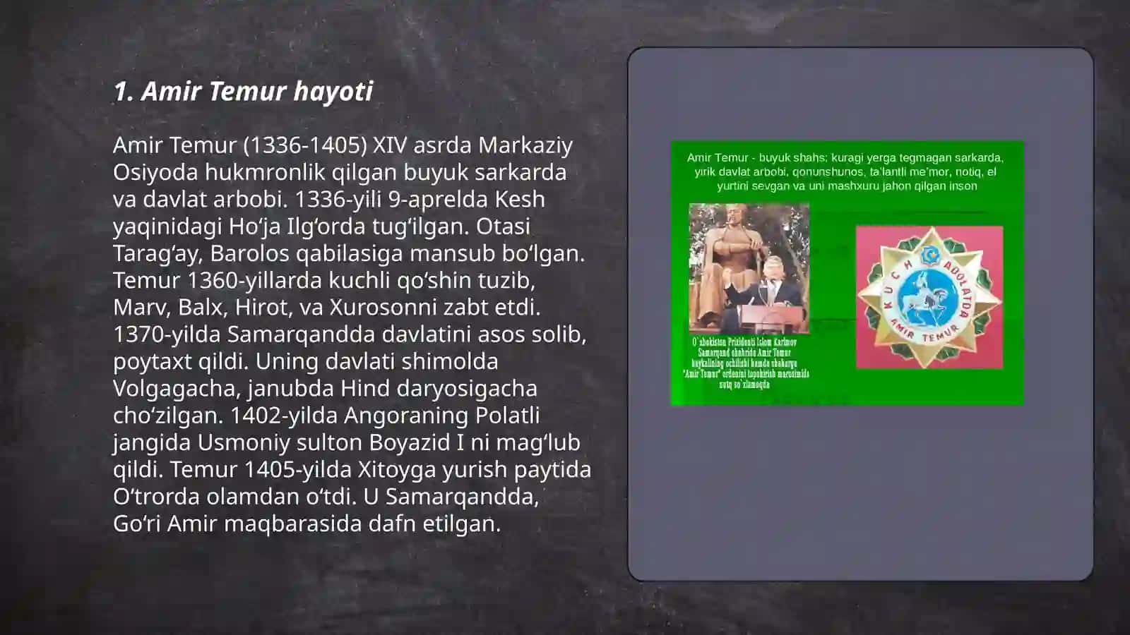 Olim Xoʻjayev nomli 1 sonli maktabning 8-"B" sinf oʻquvchisi Shamsiddinov Azizbekning Oʻzbekiston tarixidan loyiha ishi 3