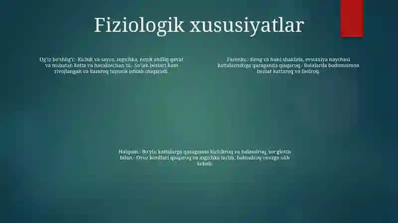 Bolalarda OgʻIz BoʻShligʻI Halqum QiziloʻNgach Anatomo Fiziologik Xususiyatlari 3