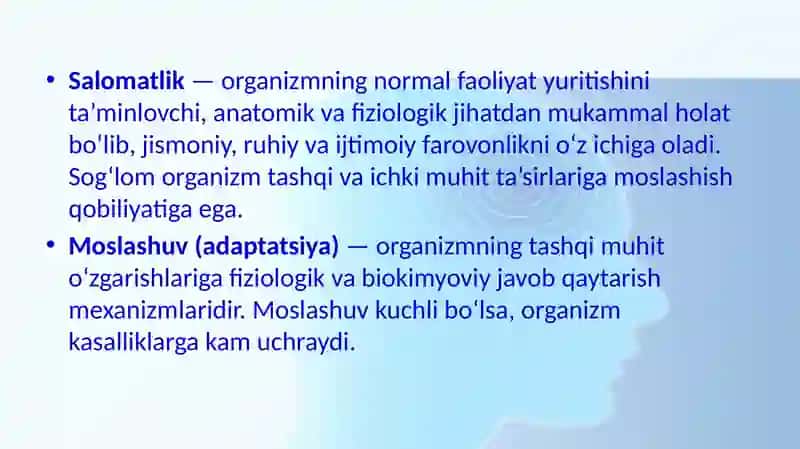 Salomatlik, moslashuv, kasallik, etiologiya, patogenez, sindrom tushunchasi. Diagnostika jarayonining qoidalari. Tish kasalining tibbiy kartasi. Tekshirishning asosiy va qo’shimcha usullari. Tish bemorining tibbiy tarixi va ambulatoriya kartasini to’ldirish qoidalari 3