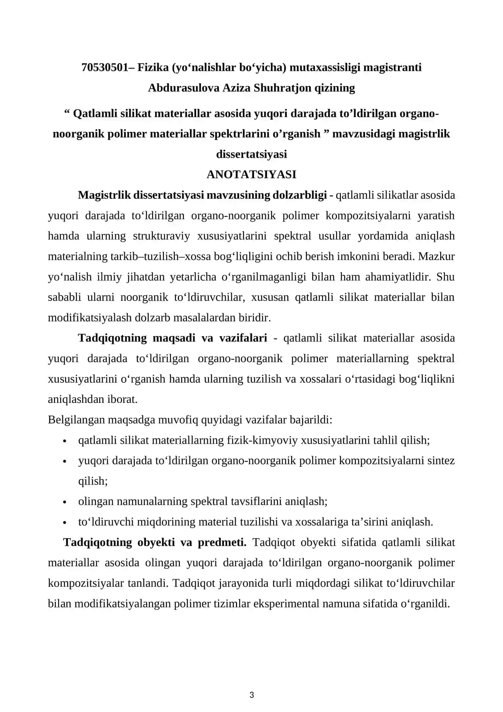 QATLAMLI SILIKAT MATERIALLAR ASOSIDA YUQORI DARAJADA TO’LDIRILGAN ORGANO – NOORGANIK POLIMER MATERIALLAR SPEKTRLARINI O’RGANISH 3