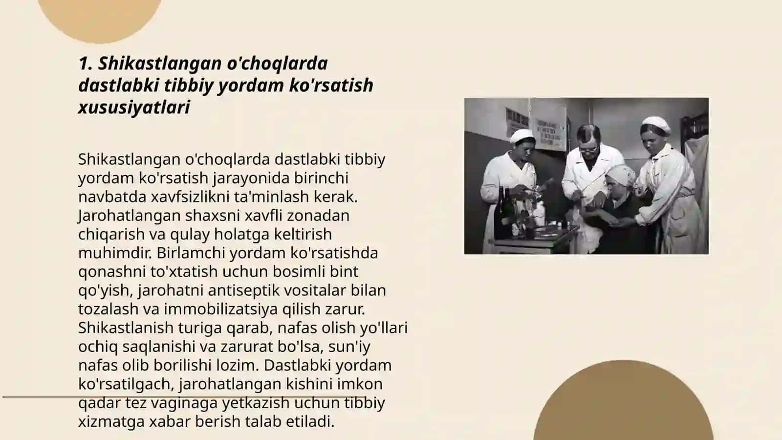 Shikastlangan o’choqlarda dastlabki tibbiy yordamni shifokor yordamini va maxsuslashtirilgan tibbiy yordamni tashkil etish 3