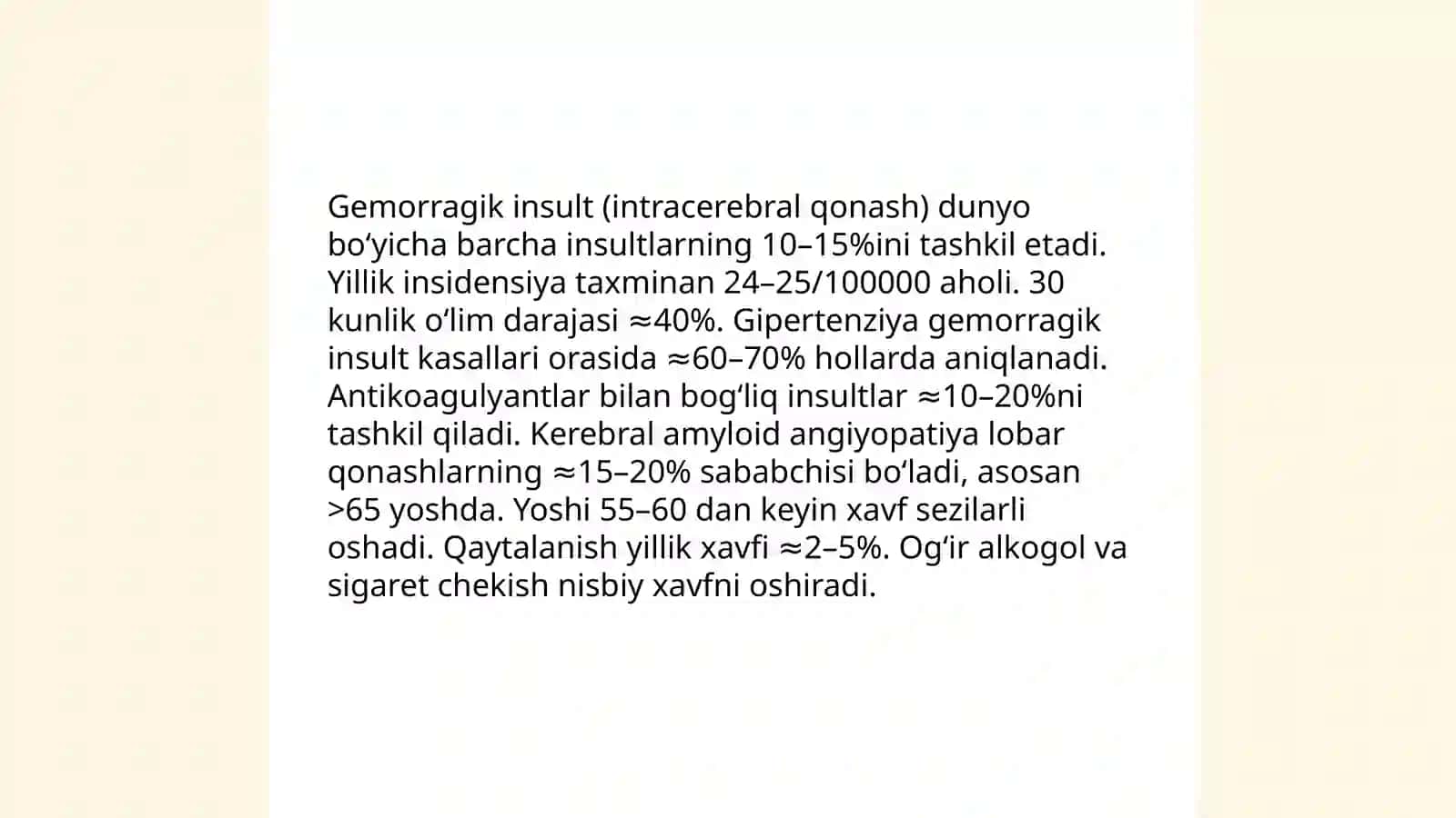 Gemorragik insult Etiologiyasi patogenezi klinikasi qiyosiy tashxislash davolash oldini olish 3