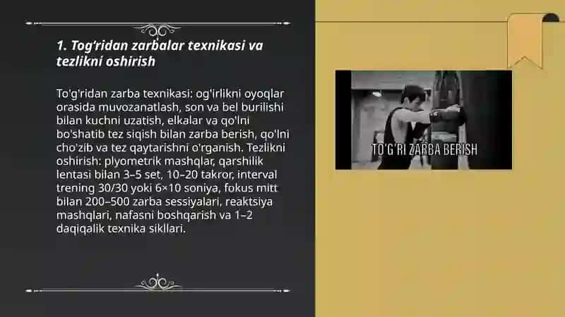 Tog‘ridan yondan va pastdan boshiga gavdaga zarbalarni takomillashtirish va turli qarshi hujumlar 3
