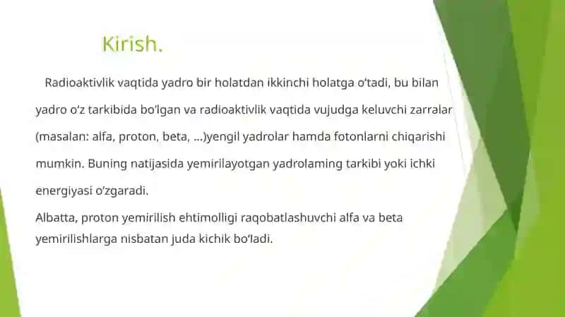 Radioaktivlik.  a, B, y radioaktivlik.  Atom yadrosining bog’lanish energiyasi. Yadro reaksiyalari. 3
