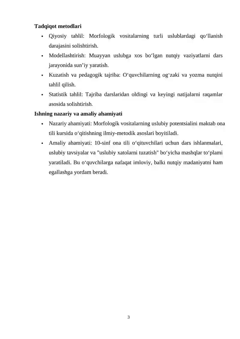 O‘quvchilarining morfologik vositalarni nutqiy uslublarda qo‘llash malakalarini rivojlantirish usullari (10-sinf ona tili darslari misolida) 3