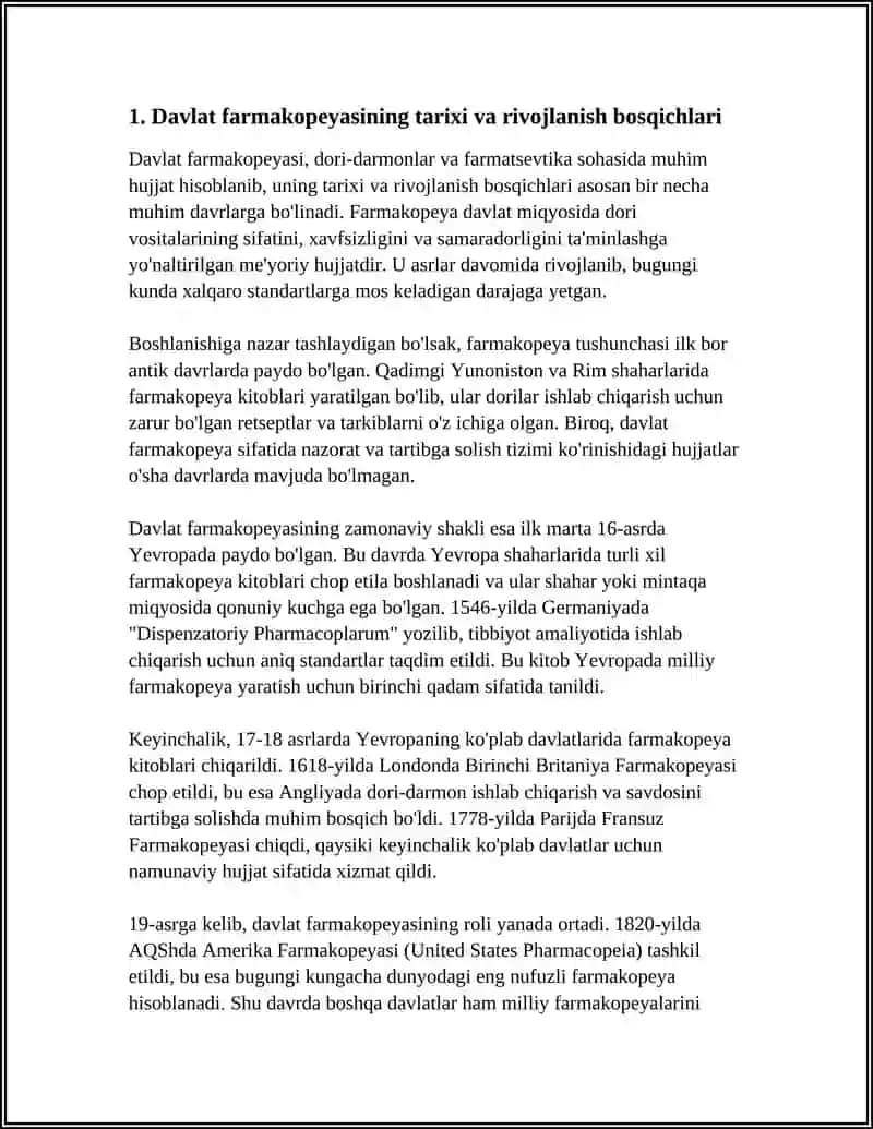 DAVLAT FARMAKOPEYASI. TARIXI. TUZILISHI. DORI TURLARI TEXNOLOGIYASIDA QOLLANILADIGAN TERMINLAR. DORIXONA SHAROITIDA DORI ISHLAB CHIQARISH QOYDALARI 3