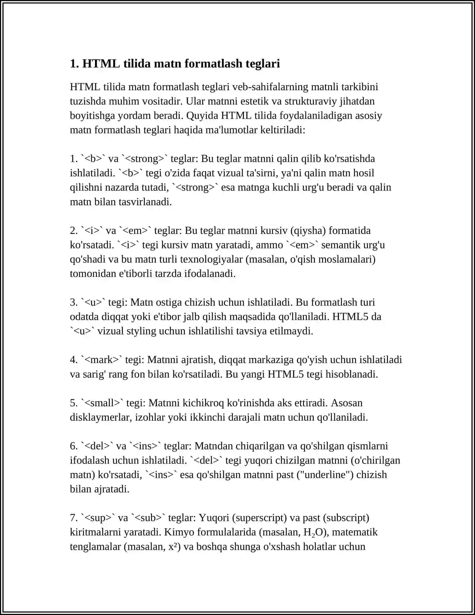 HTML TILIDA MATN BILAN ISHLASH TEGLARI. HTML TILIDA RASMLAR HOSIL QILISH TEGLARI.HTML TILIDA JADVALLAR HOSIL QILISH.HTML TILIDA GIPERMATN JOYLASHTIRISH TEGLARI.HTML TILIDA FREYMLAR HOSIL QILISH VA ULARNI QAYTA ISHLASH 3