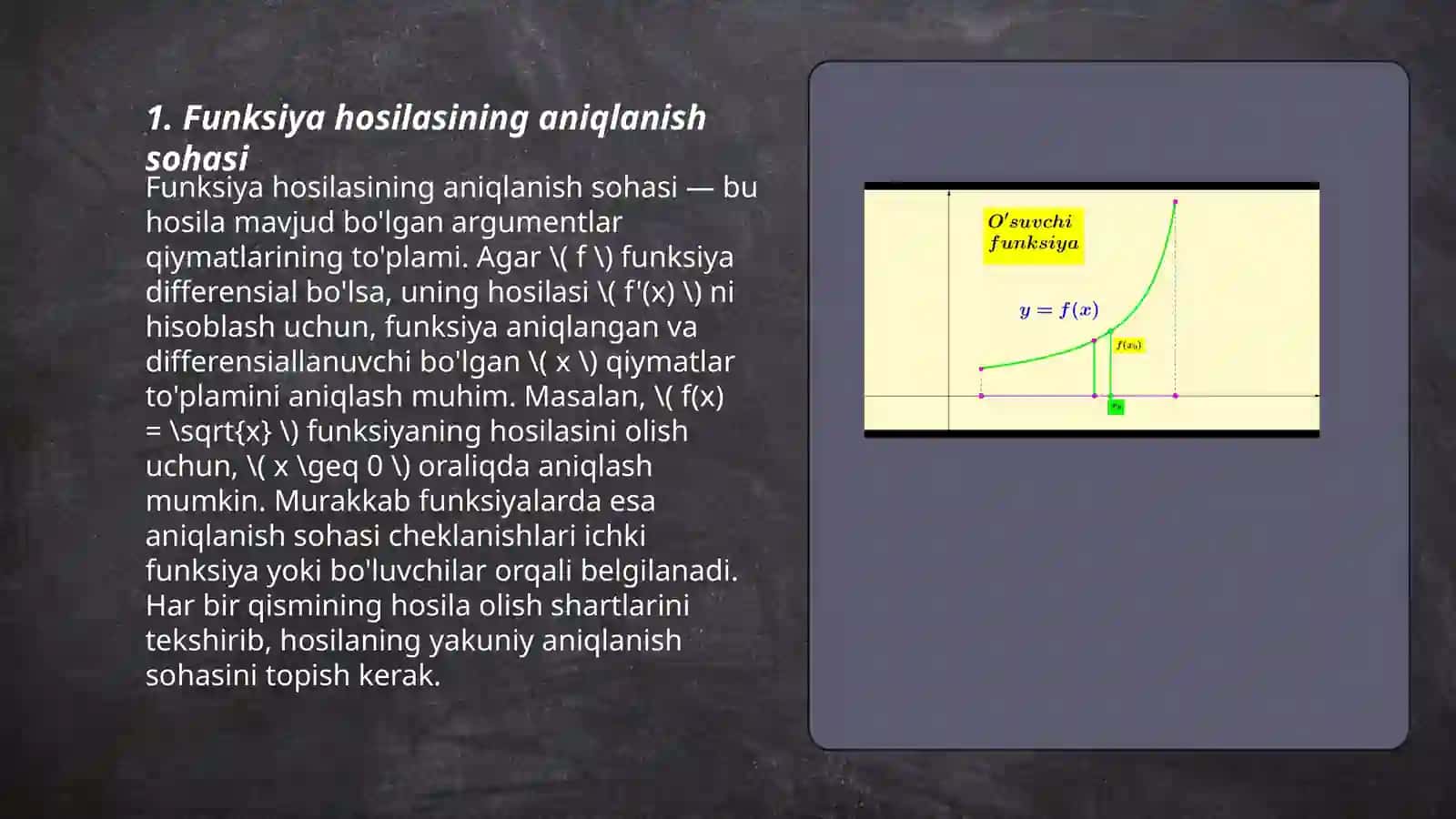 Funksiya hosilasi yordamida tengsizliklarni yechish va isbotlash uchun foydalaniladigan xossalari 3