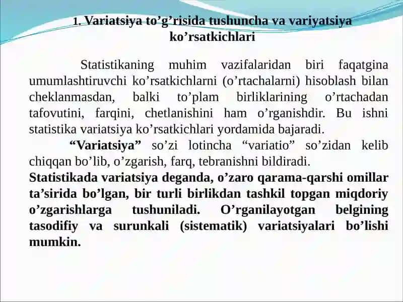 Statistikada variatsiyani baholash usullari va dispersion tahlil asoslari 3
