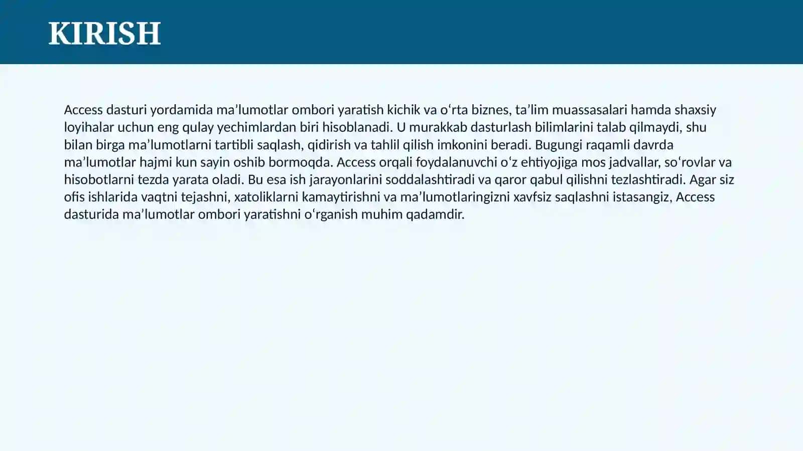 ACCESS DASTURIDA MA'LUMOTLAR OMBORI YARATISH 3