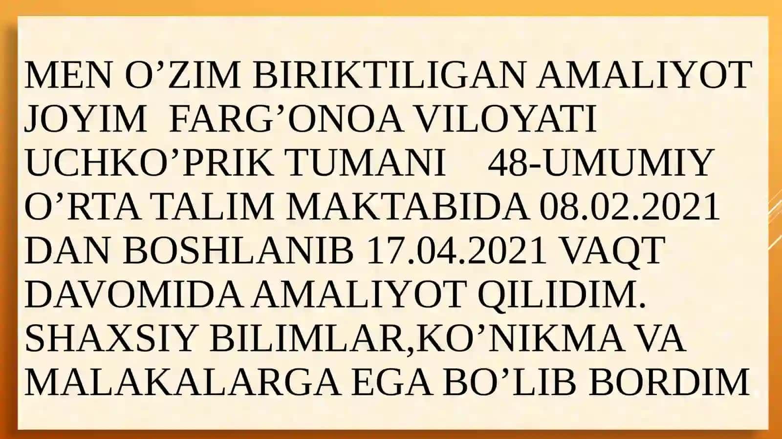 MUQIMIY NOMIDAGI QO’QON DAVLAT PEDAGOGIKA INSTITUTITABIIY FANLAR FAKULTETIBIOLOGIYA O’QITISH METODIKASI TA’LIMI YO’NALISHI401-GURUHTALABASITURDaliyevDILMURODJONNINGMALAKAVIY PEDAGOGIK AMALIYOTI 3