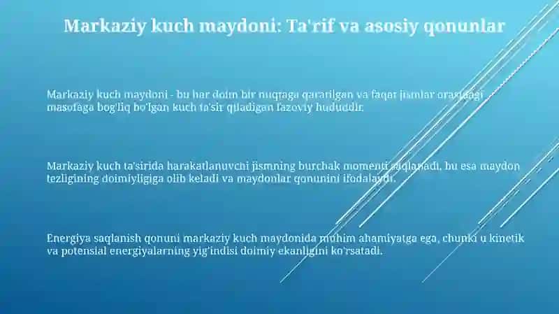 Markaziy kuch maydonidagi harakati ( yuzalar qonuni ) 3
