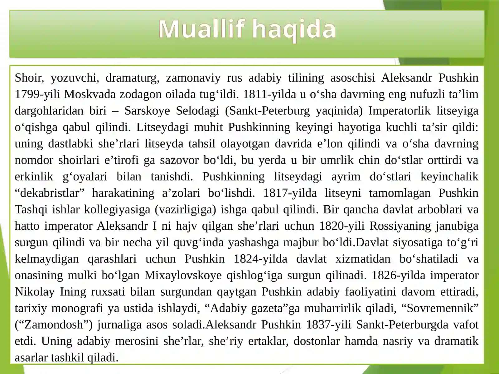 Aleksandr Pushkin (1799-1837). ''Yevgeniy Onegin'' she'riy romani 3