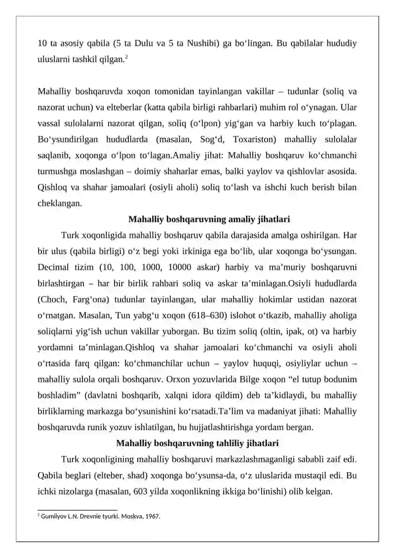 Turk xoqonligida ulus mahalliy boshqaruvi; tuman xokimliklari, qishloq va shahar jamoa 3