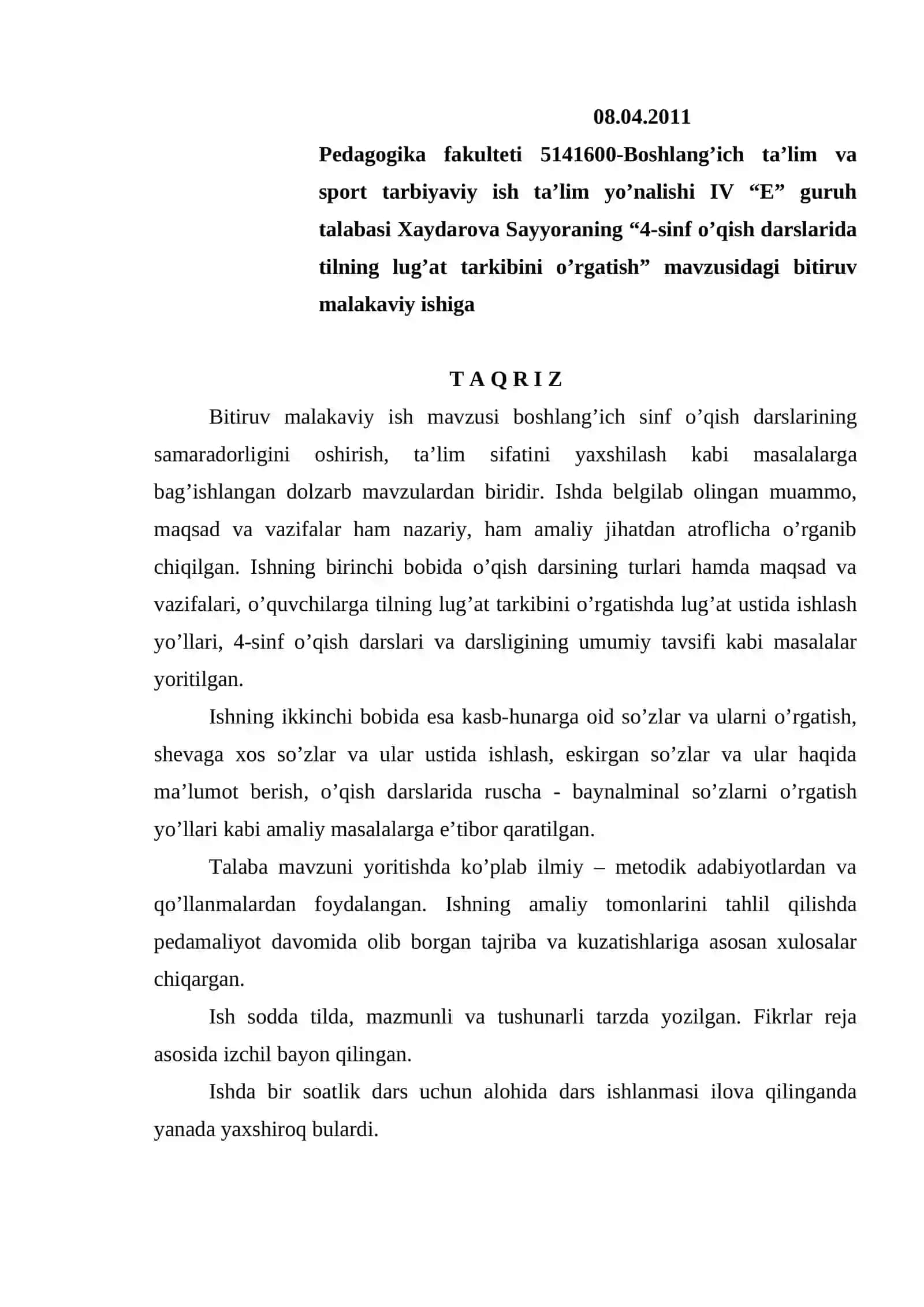 "4-sinf o’qish darslarida tilning lug’at tarkibini o’rgatish" bitiruv malakaviy ishi 3