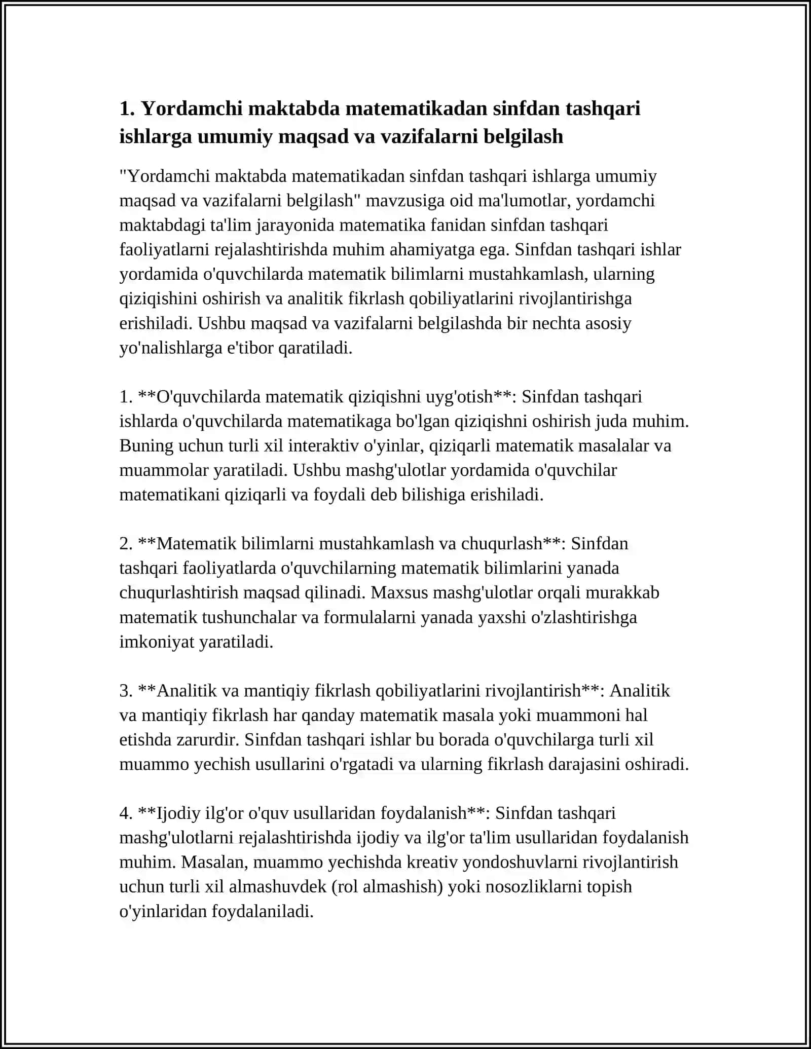 YORDAMCHI MAKTABDA MATEMATIKADAN SINFDAN TASHQARI ISHLARNI REJALASHTIRISH 3