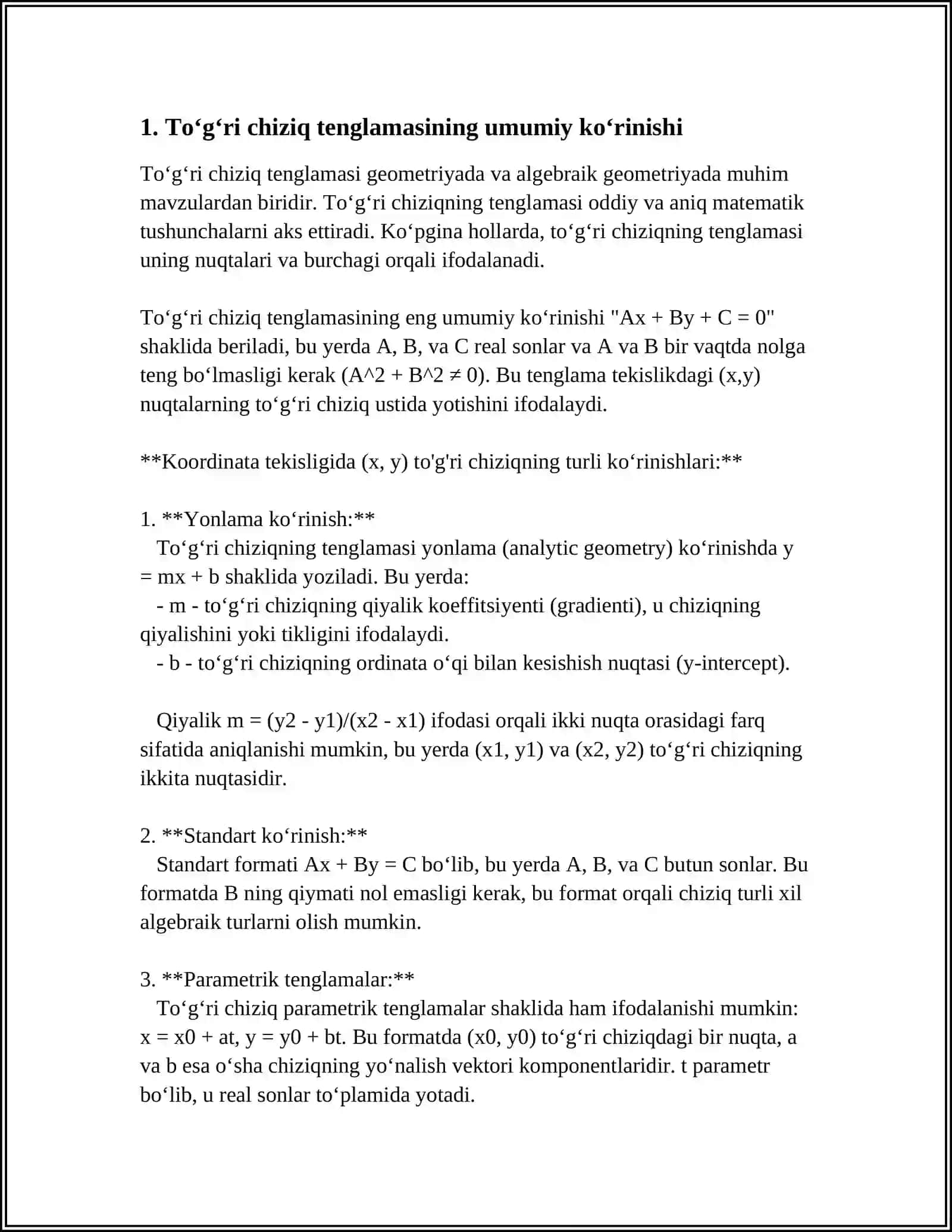 TEKISLIKDA TOʻGʻRI CHIZIQNING TURLI TENGLAMALARI 3