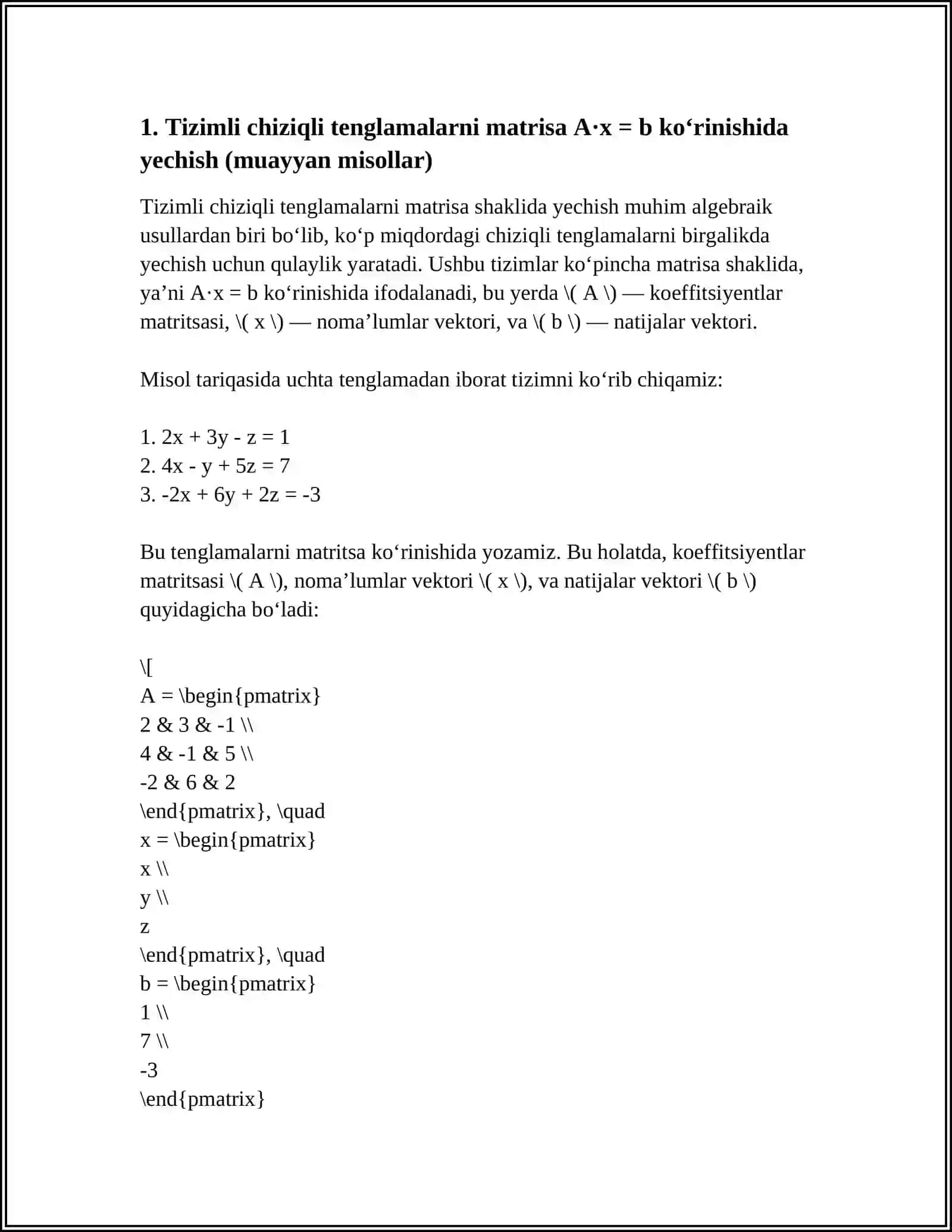 MATRITSALAR HISOBIGA KELTIRILADIGAN MASALALAR HAQIDA(MUAYYAN MISOLLARDA) 3