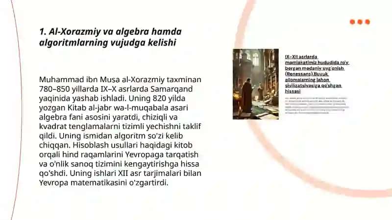 IX–XII asrlarda Orta osiyoda ilim fan ravnaqi: Buyuk allomalarning jahon sivilizatsiyasiga qoshgan hissasi 3