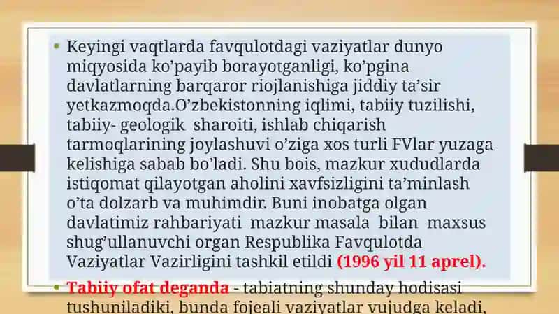 TАBIIY, TEXNOGEN, EKOLOGIK VA IJTIMOIY TUSDAGI FAVQULOTDA VAZIYATLARDA HAYOT FAOLIYATI XAVFSIZLIGI VA FUQARO MUHOFAZASI 3