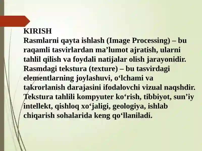 Rasmlarni qayta ishlashda tekstura tahlili. Usullar va qoʻllanma 3