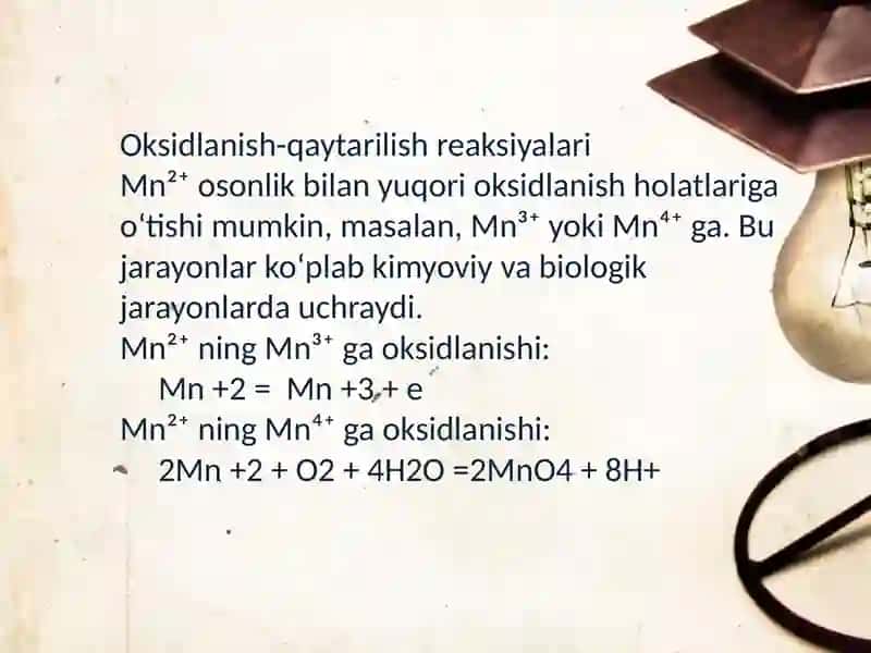 Mn +2 kationini organizmdagi ahamiyati,tibbiyotda qòllanilishi va dori vositalari tarkibida sifat hamda miqdorini aniqlash 3
