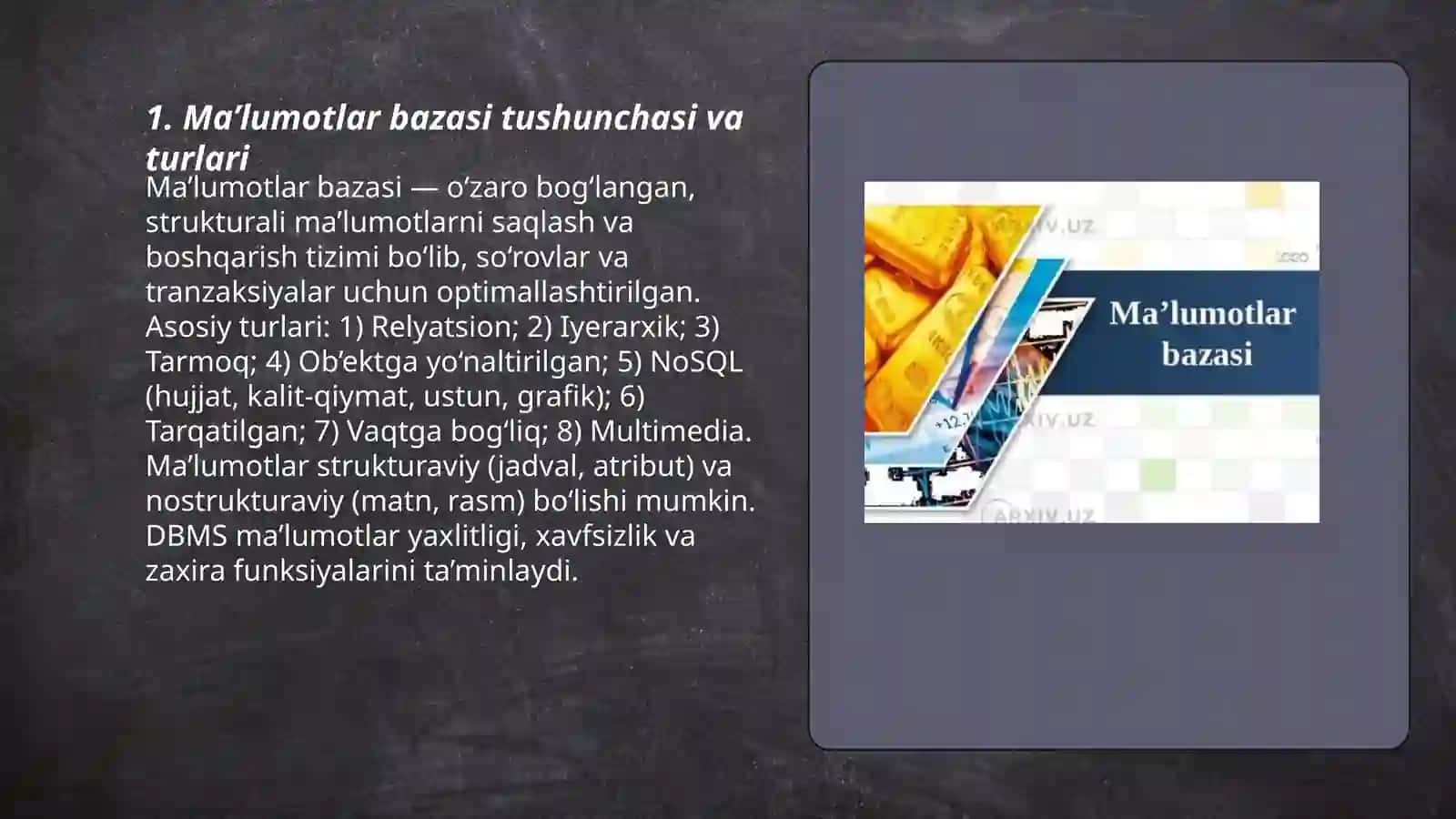 Ma’lumotlar va bilimlar bazasi. Bilimlarni ifodalash modellari Abdusalomov Xayrullo 3